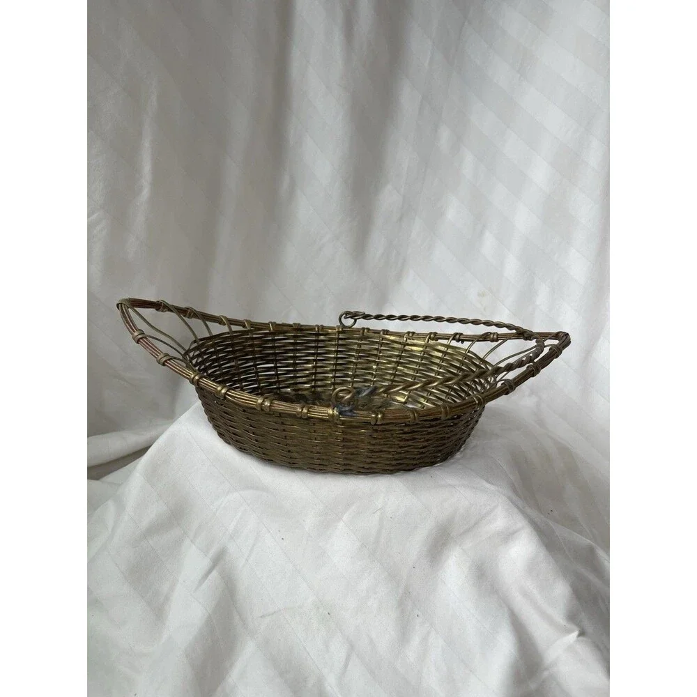 Oval Brass Metal Wire Woven Basket w/ Handle, Made in India, 11in long
